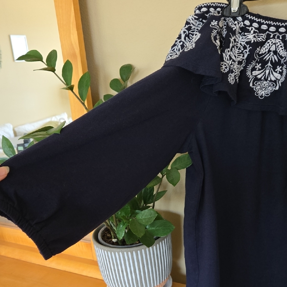 Navy Off-Shoulder Top with White Embroidery - Picture 2 of 6